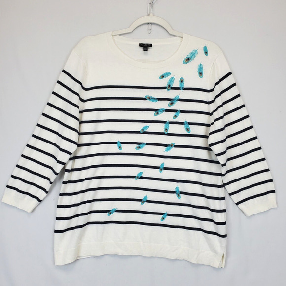 Talbots Knit Sweater Embroidered Peacock Feathers Women XLP Cream Black Stripe - Picture 1 of 9